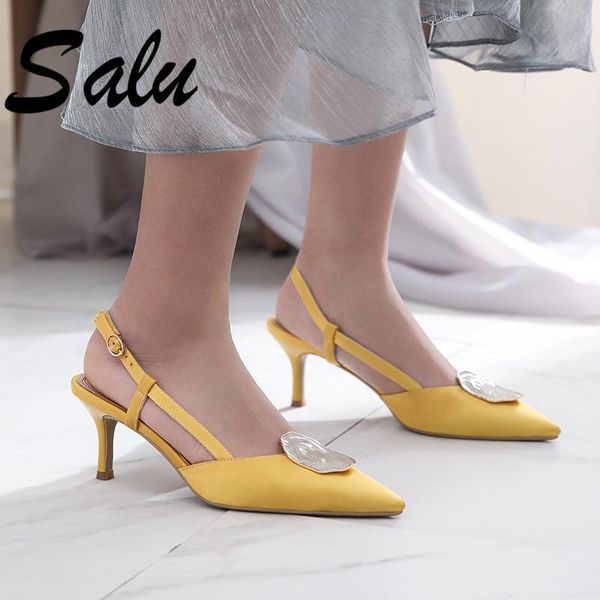 

salu 2021 women silk leather shoes thin high heels buckles ladies wedding party woman summer sandals, Black