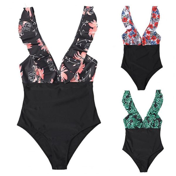 

women's swimwear women push up one piece quick-drying ruffle floral print bathing suit swimsuit for swimming pool beach wear, White;black