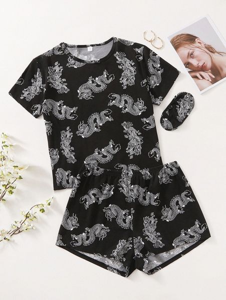 

plus chinese dragon print pajama set & eye mask d7uo#, Black;white