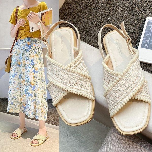 

sandals fairy style female summer 2021 cross-word flat simple fashion retro comfortable beach shoes, Black