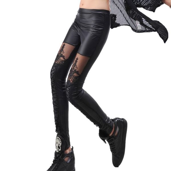 

women's leggings 2021 fitness fashion woman stitching lace stretch skinny leg faux leather women pants punk legging #25, Black