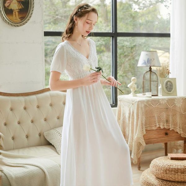 

women's sleepwear short-sleeved slim nightdress summer cotton retro vintage long nightgown v-neck backless lace princess gowns dress, Black;red