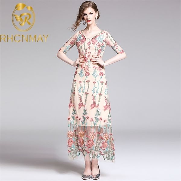 

runway women floral 3d embroidery dress summer luxury mesh patcwhwork slim vestidos vintage v neck party a line 210520, Black;gray
