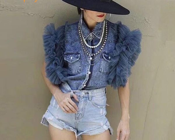 

v neck summer blouses blue personality mesh yarn lotus sleeve denim women's casual short-sleeved party shirt, White