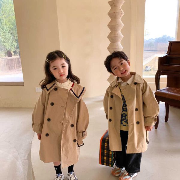 

korean style spring children solid color fashion long trench jackets brother and sister coats kids outwears 210615, Camo