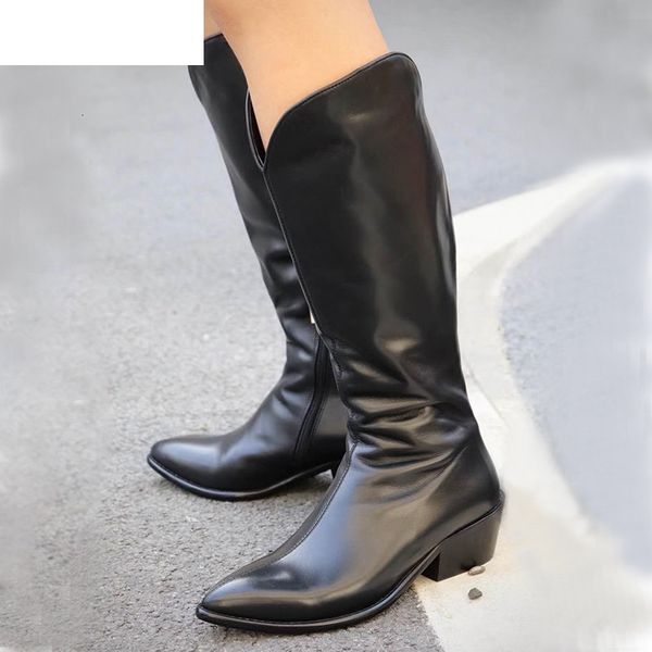 

boots runway pointed toe knee high boots women genuine leather chunky mid heel knight botas autumn retro long for ladies pvcv, Black