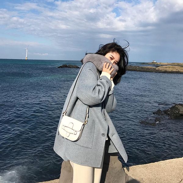 

women's wool & blends winter single-breasted woolen coats long sleeve formal coat women lapel sky blue korean style ladies outwear fema, Black