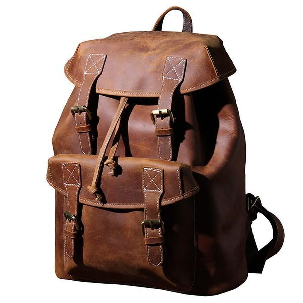 

backpack retro leather large capacity men lapbag first layer cowhide travel male crazy horse schoolbag