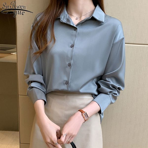 

autumn long sleeve women's blouse loose polo chiffon shirts solid color bottomed shirt woman tunic 12656 210427, White