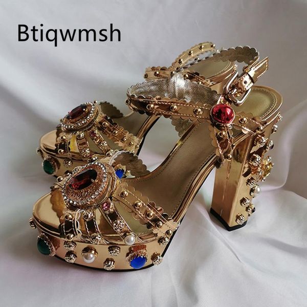 

est gold leather platform sandals women peep toe red diamond rhinestone jeweled high heel shoes woman gladiator, Black