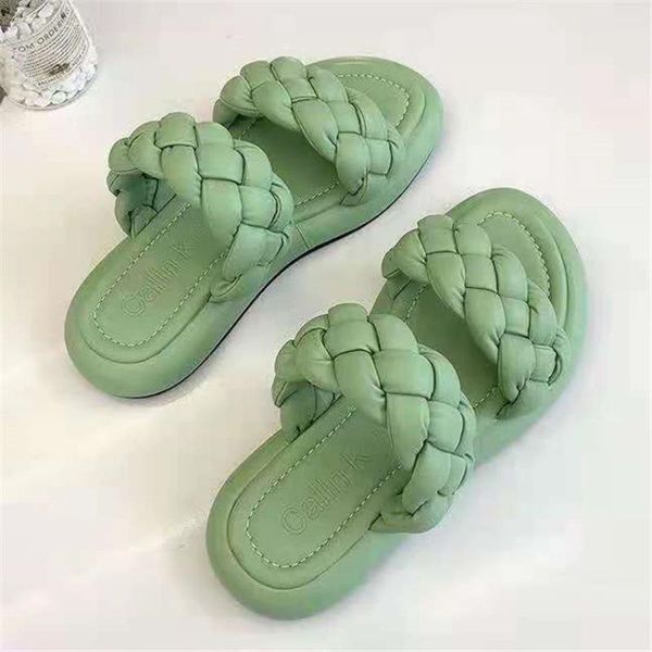 

slippers women summer woman roman shoes female soft mules leather braided flat heels beach casual candy color with slides, Black