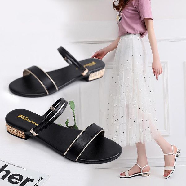 

slippers leather women shoes casual summer slides comfortable versatile thick heel leisure sandals size 35-42 tx340, Black