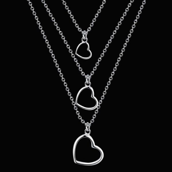 

chains thin chain statement necklace exquisite three-layer heart pendant choker for women fashion jewelry long girls, Silver