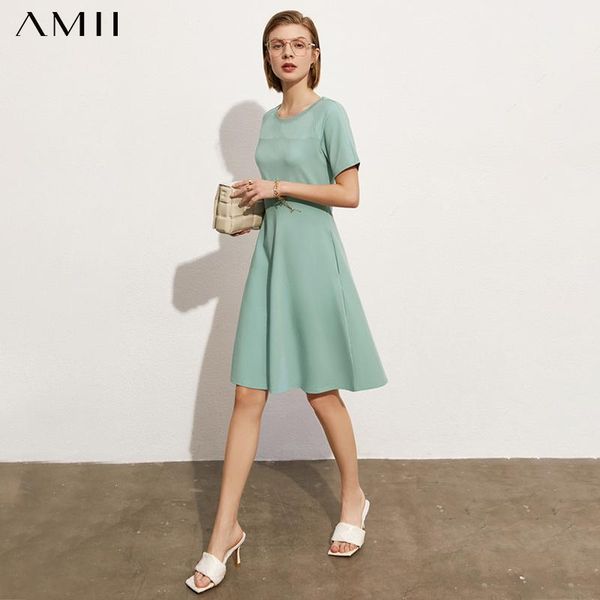 

party dresses amii minimalism summer women's dress offical lady solid cotton oneck aline knee-length 12160032, White;black