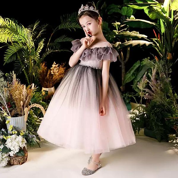 

flower girl dress illusion crystal o-neck short princess ankle-length tulle lace luxury brown elegant cute kids party gown h447 girl's, Red;yellow