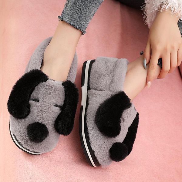 

cute dog slippers women winter fluffy home shoes fur slides female funny animal plush indoor cartoon puppy 2021, Black