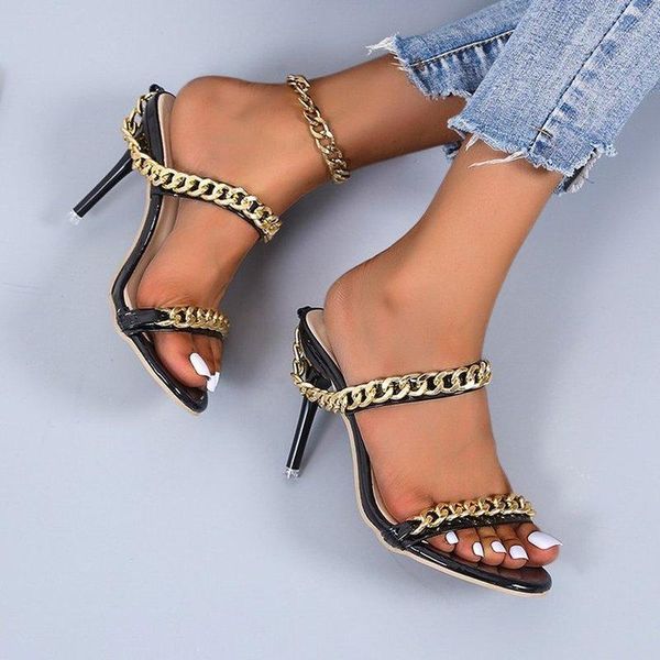 

dress shoes fashion women's , leather fabric, gold chain decoration, about11 cm high heel sandals, sandals 2021, Black