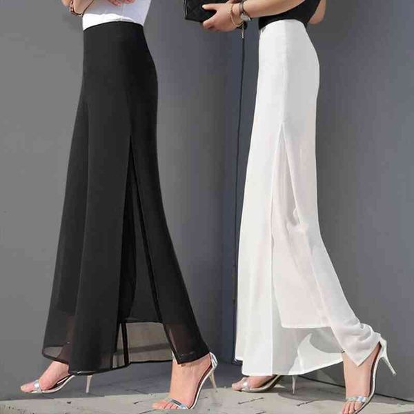 

fashion ladies wide leg chiffon pants high waist long loose pants double layer side slit wide leg long, Blue