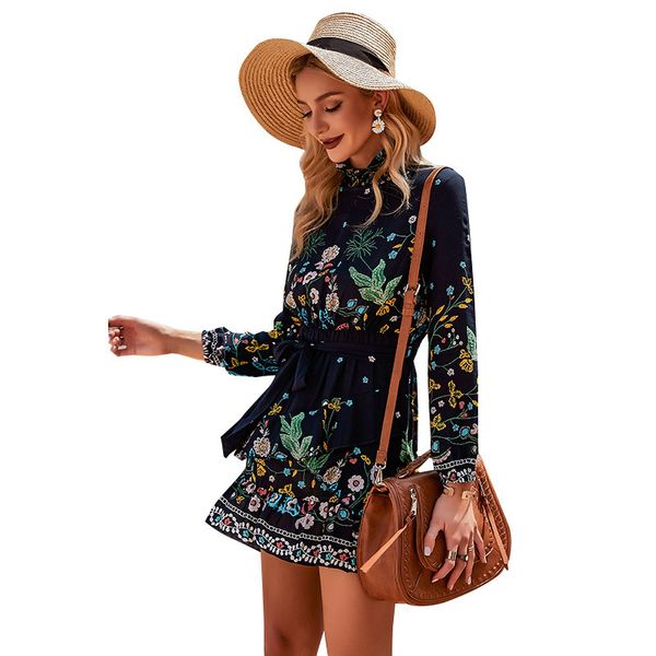 

european and american new style women's fashion long-sleeved printed bouquet waist casual dress x0521, Black;gray