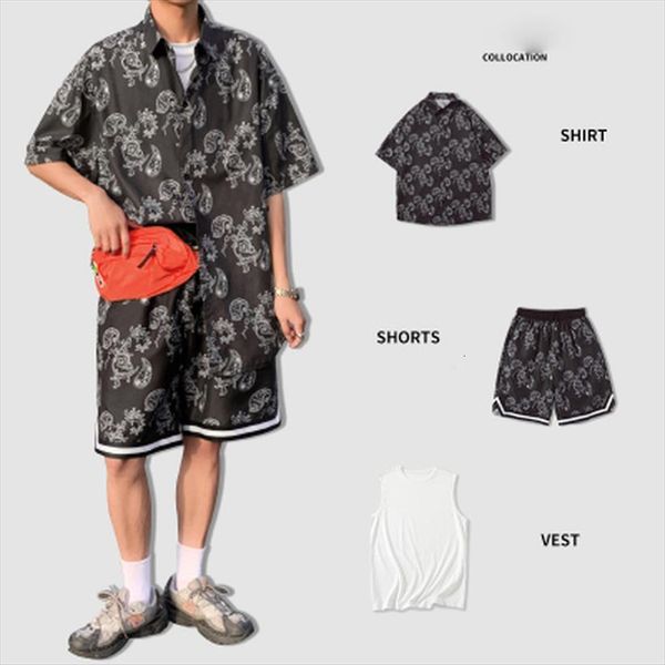 

hawaiian printing set men tracksuit short sleeve summer casual floral shirt beach three piece suit fashion sets  3xl, Gray