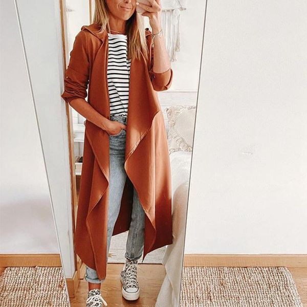 

women's trench coats 2021 autumn fashion loose casual solid color long windbreaker jacket spring coat, Tan;black