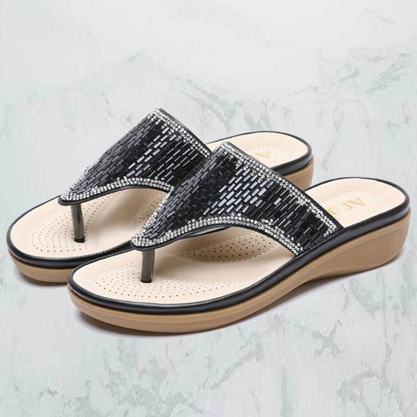

slippers summer women flip flops casual sequins anti-slip beach flat sandals open toe shoes for ladies, Black