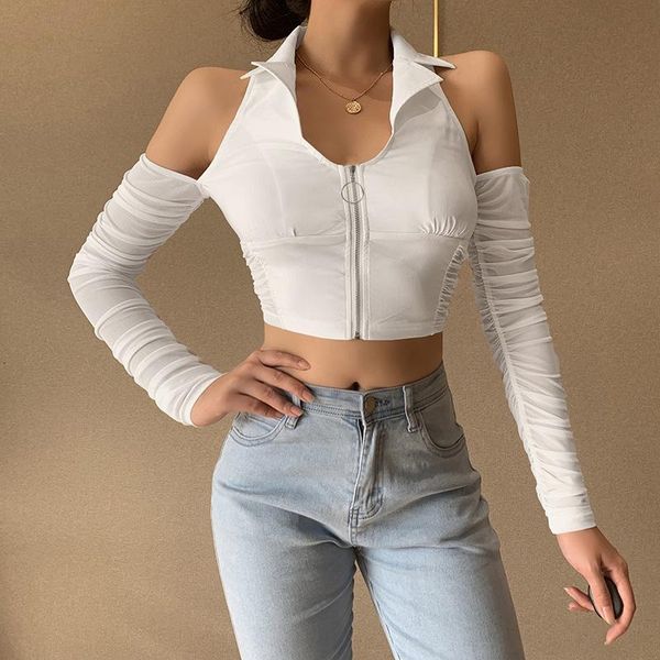 

spring casual streetwear cold shoulder punk solid mesh woven zipper crop long sleeve patchwork t-shirt woman women's, White