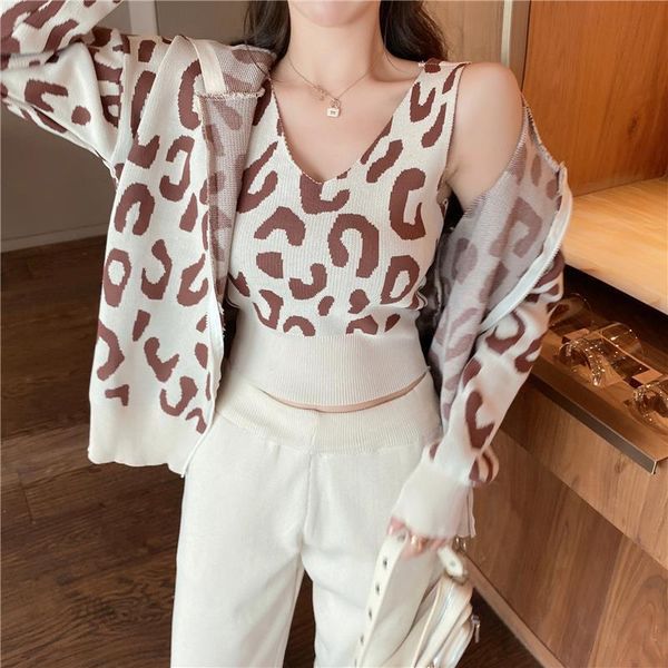

women's two piece pants streetwear leopard printed knit three-piece suit women long sleeve o-neck sweater + solid color harem casual tr, White