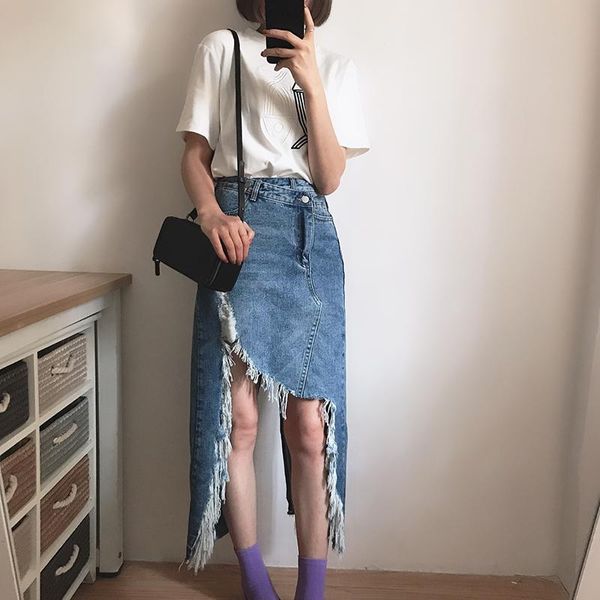 

skirts 2021 split medium long denim skirt women high waist ripped hole blue irregular asymmetrical streetwear europe all match, Black