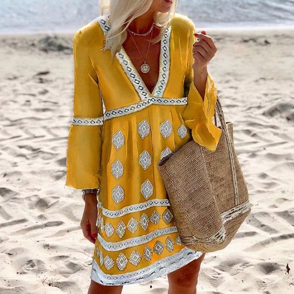 

casual dresses 2021 summer women a-line v-neck printing long sleeve loose waist knee-length beach style dress vestidos, Black;gray