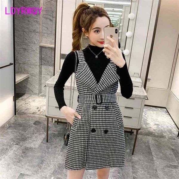

autumn and winter houndstooth fashion suit button turn-down collar regular knee-length double breasted 210416, White;black