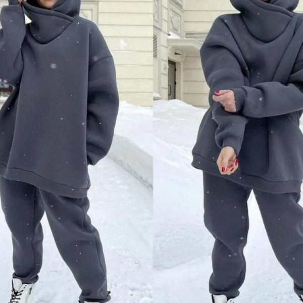 

women's two piece pants thick fleece tracksuit autumn winter women turtleneck hooded sweatshirts long set casual oversized sports suits, White