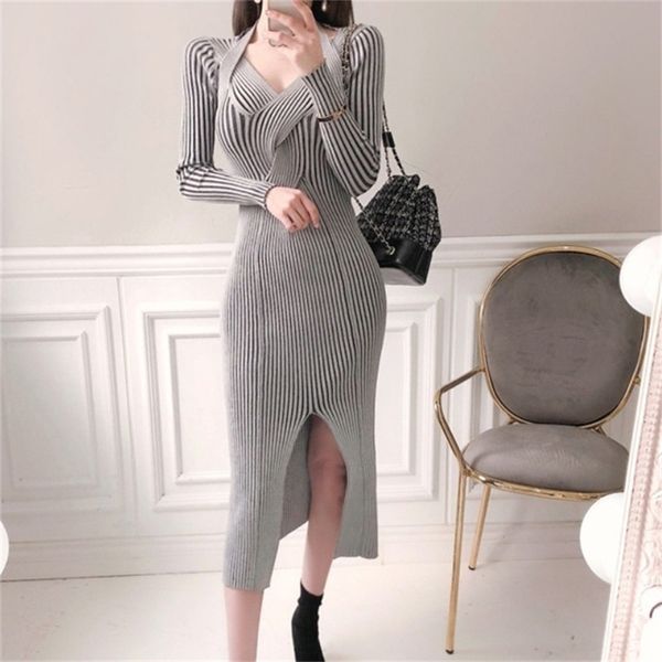 

autumn winter women v-neck knitted dresses elegant bottoming knit soft warm stripe sweater slim slit vestidos 210519, Black;gray