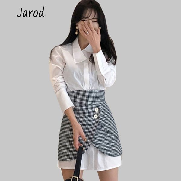 

women white long shirts two piece sets long sleeve blouse + mini plaid skirts suits autumn fashion ol clothing set 210518