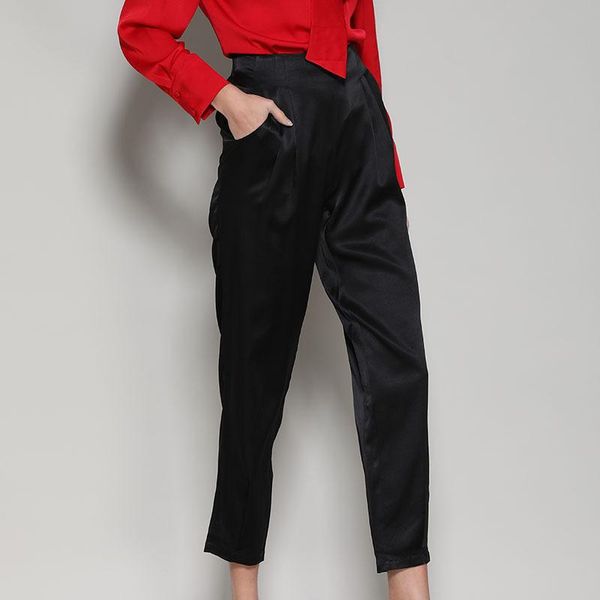 

women's leggings fasuka pants silk middle waist casual mulberry k1016, Black