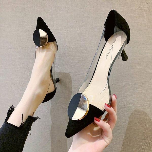 

transparent pvc sandals women pointed clear crystal high heel stilettos pumps summer shoes, Black