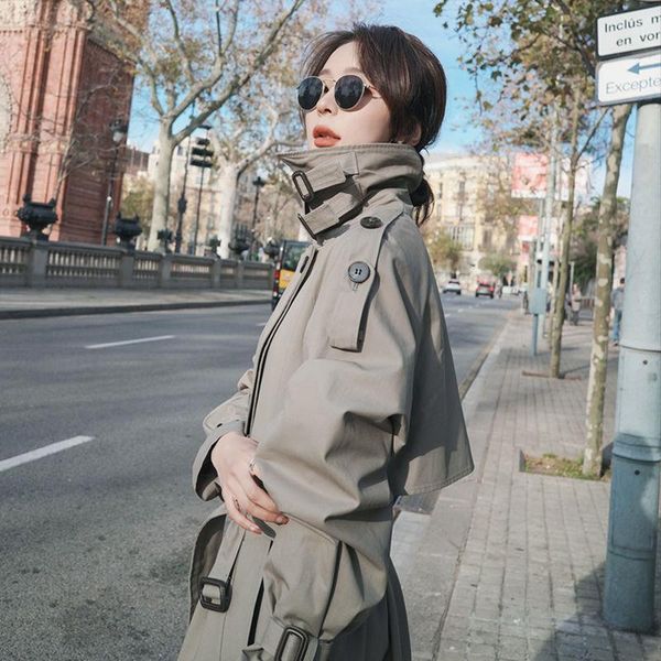 

women's trench coats coat 2021 autumn korean loose chic windbreaker with belt fashion double breasted overcoat long h150, Tan;black