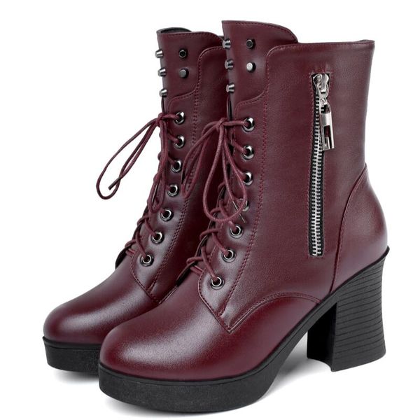 

Women Winter Boots Thick Wool Warm 8cm High-heeled Genuine Leather Military Boats High-Quality Female Middle Aged Snow Boot, Black singel