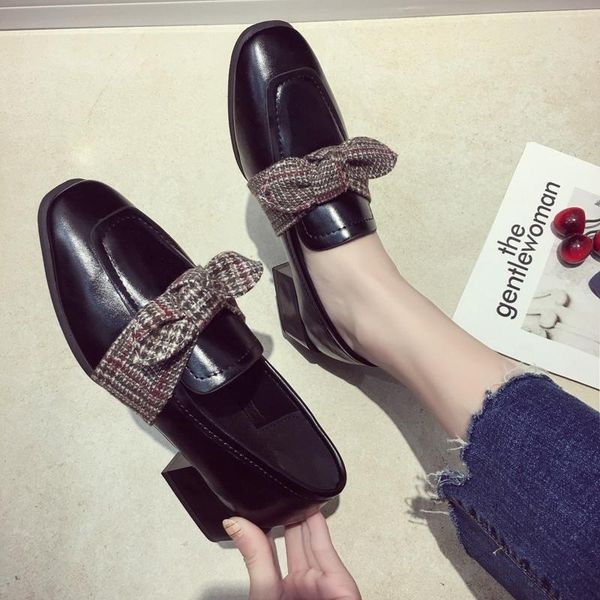 

dress shoes 2021 spring and autumn women's single bow tie rough low square retro leather shoes., Black