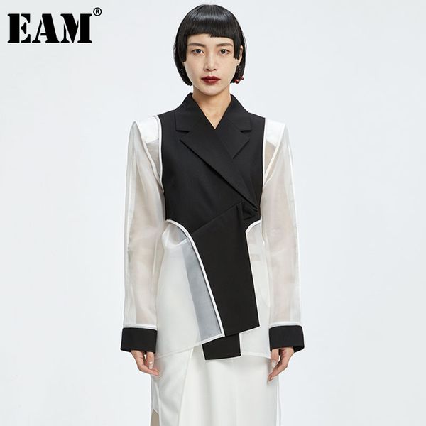 

[eam] women black spliced mesh asymmetrical blazer lapel long sleeve loose fit jacket fashion spring summer 1dd7295 21512, White;black