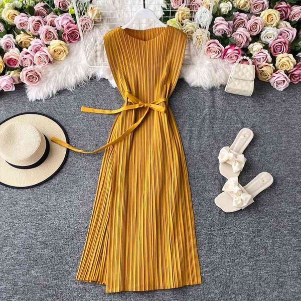 

summer korean commuter solid women dress color round neck sleeveless waist pleated female big swing dresses hh298, Black;gray