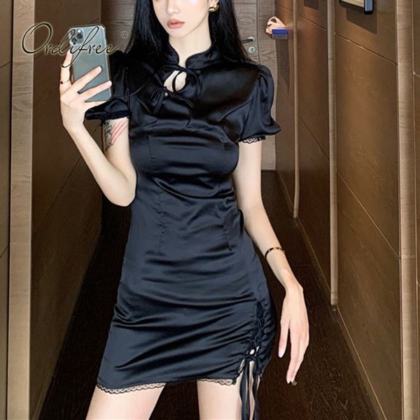 Summer Women Black Satin Mini Cheongsam Crochet Fessura Lace Up Vintage Short Party Dress 210415