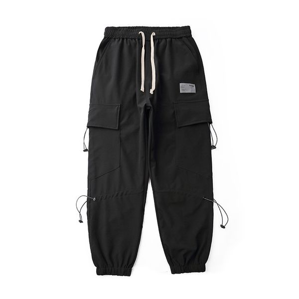 

pants fashionable the multi pocket overalls men's inschao elastic waist leggings bf harajuku casual, Black