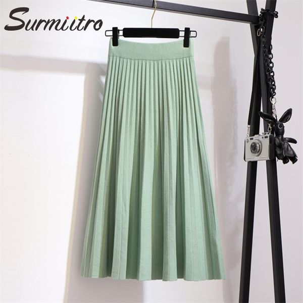 

super quality autumn winter women korean green black knitted high waist midi long pleated skirt female wskr909 210421