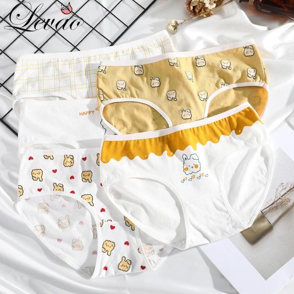 

women's panties levao cute cartoon cotton female underpants fashion multicolor briefs mid-waist soft and comfortable underwear, Black;pink