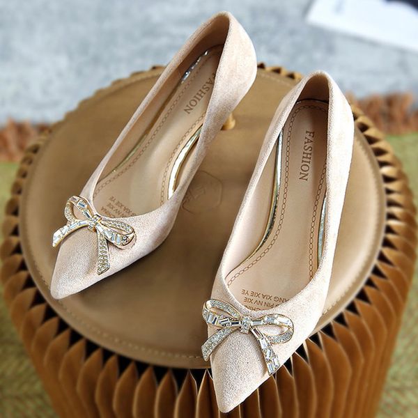 

summer women pumps suede rhinestone bow-knot design heel height 6cm black prom temperament pointed ladies shoes mmm