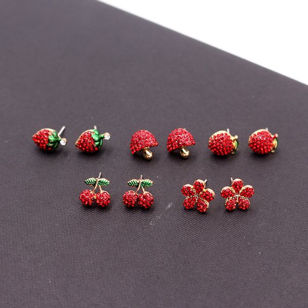 

s925 silver needle sweet strawberry cherry apple fruit earrings fashion red flower trendy mushroom