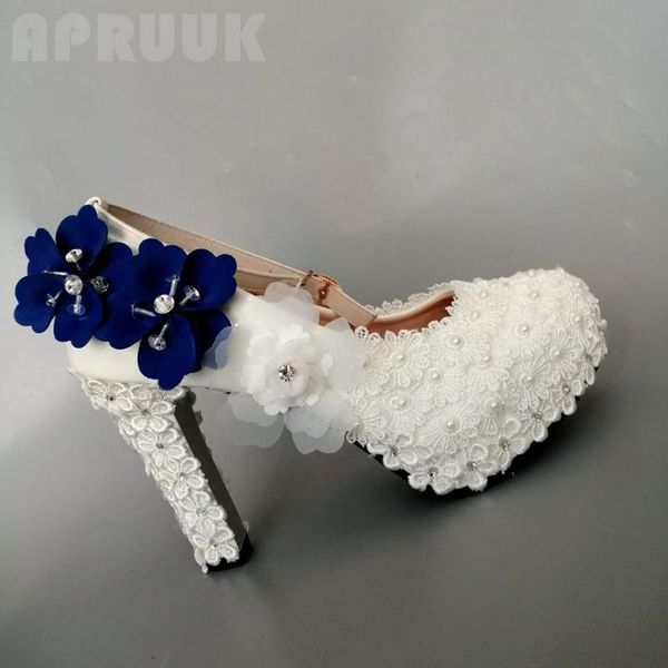 

dress shoes women wedding shoe bride white lace ivory pearls with royal blue flowers ladies bridal platforms pumps size 41 42 big plus, Black