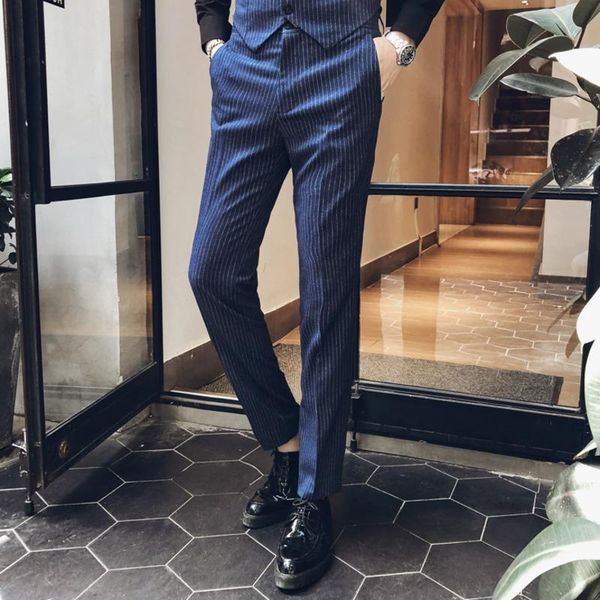 

Men's Pants Stripe Men Dress Black Fashions Streetwear Skinny Fit Trousers Pantalones Hombre 2021 Spring Mens Navy Blue