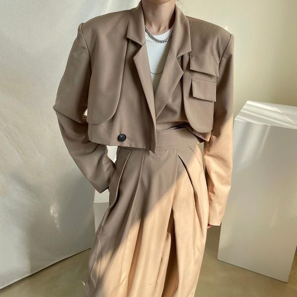 

women's two piece pants vanovich korean styke lapel women jackets solid color wild fashion high-waist casual wide-leg autumn 2022 sets, White